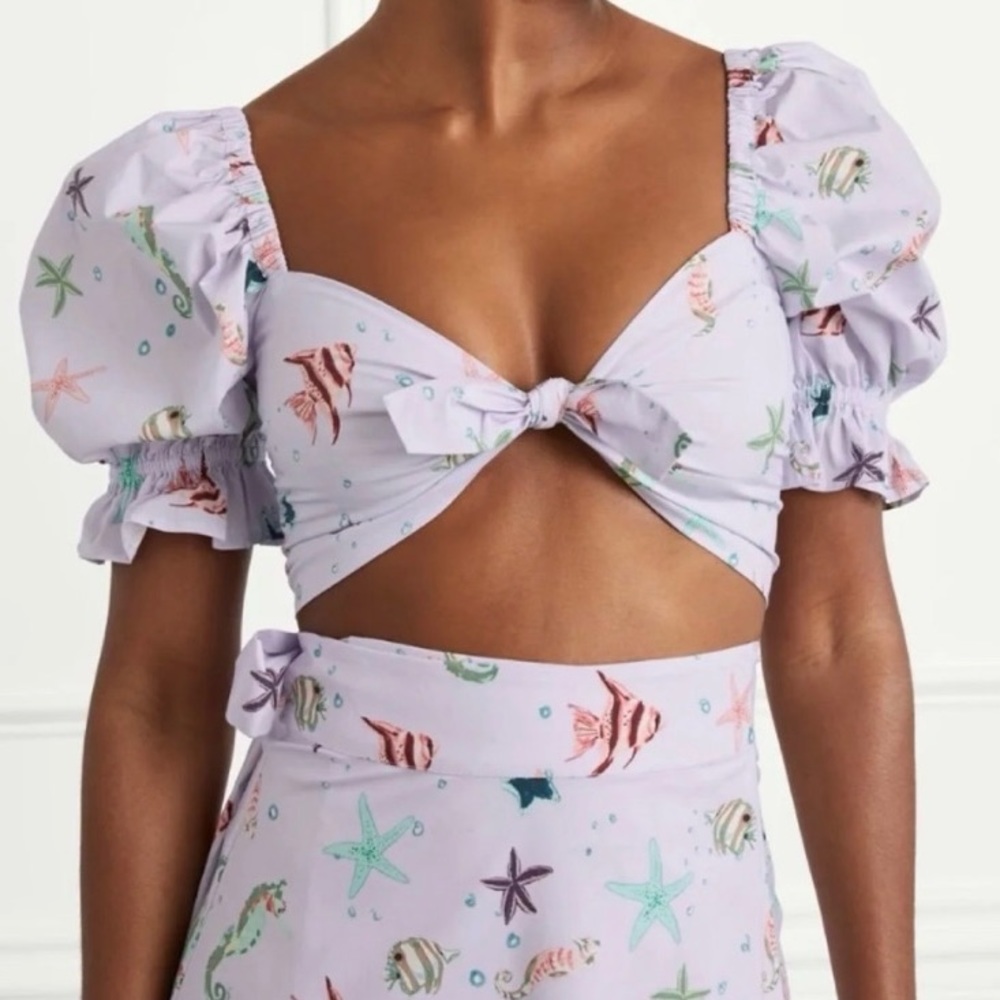 Hill House Lilac Sea Life Puff-Sleeve Crop Top